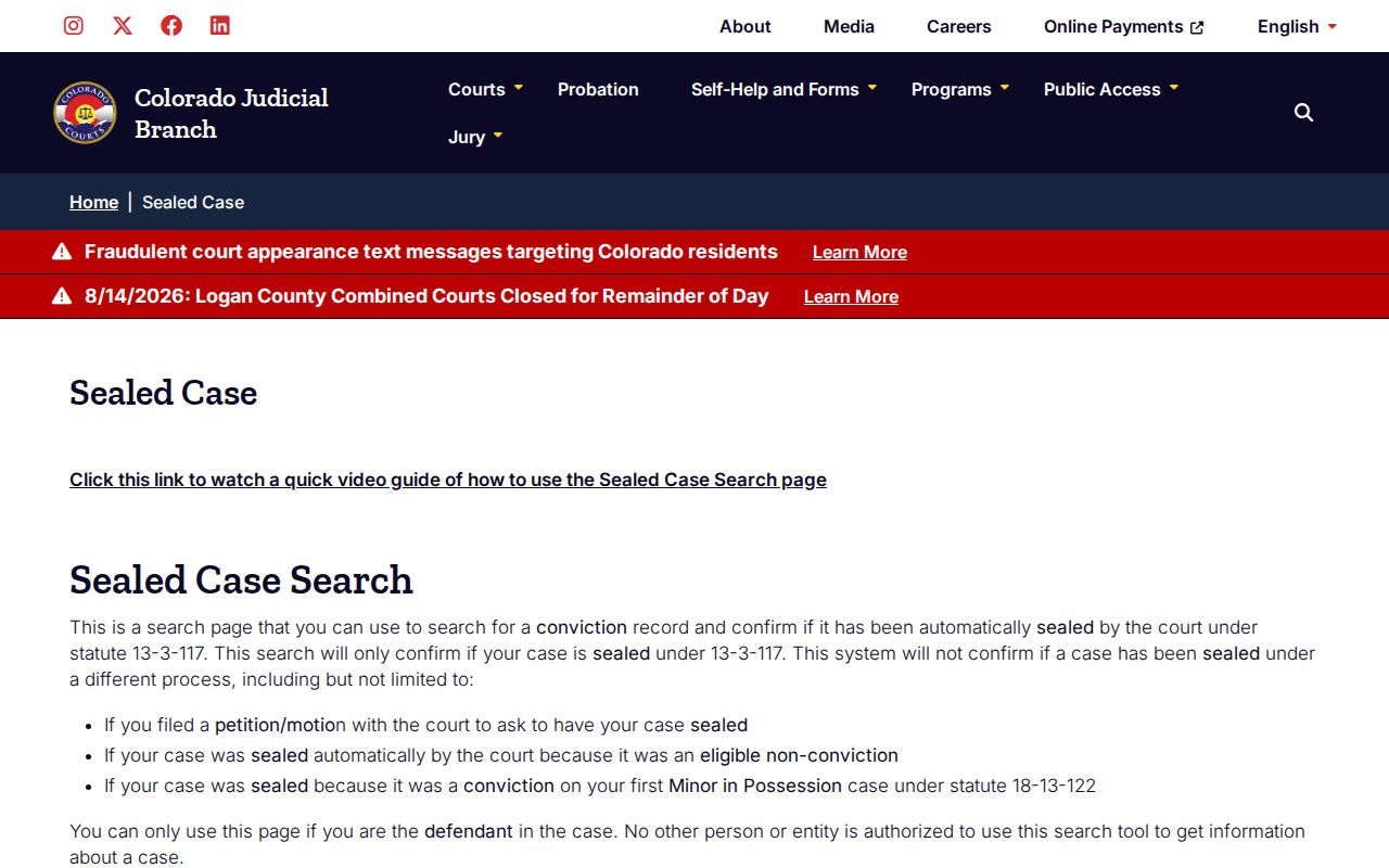 Center court docket automatic sealing status search