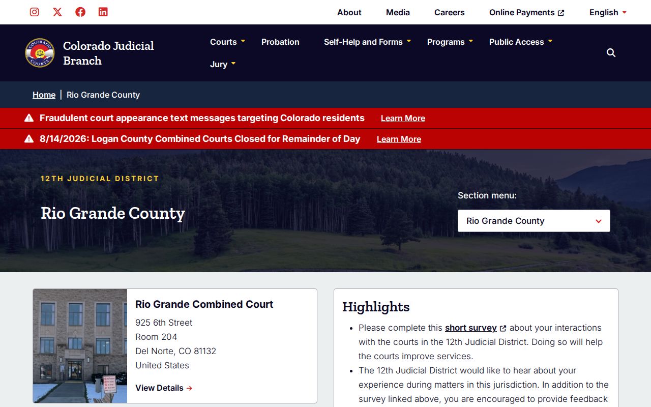 Rio Grande County court docket court landing page