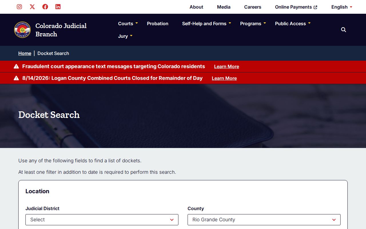 Rio Grande County court docket search fields