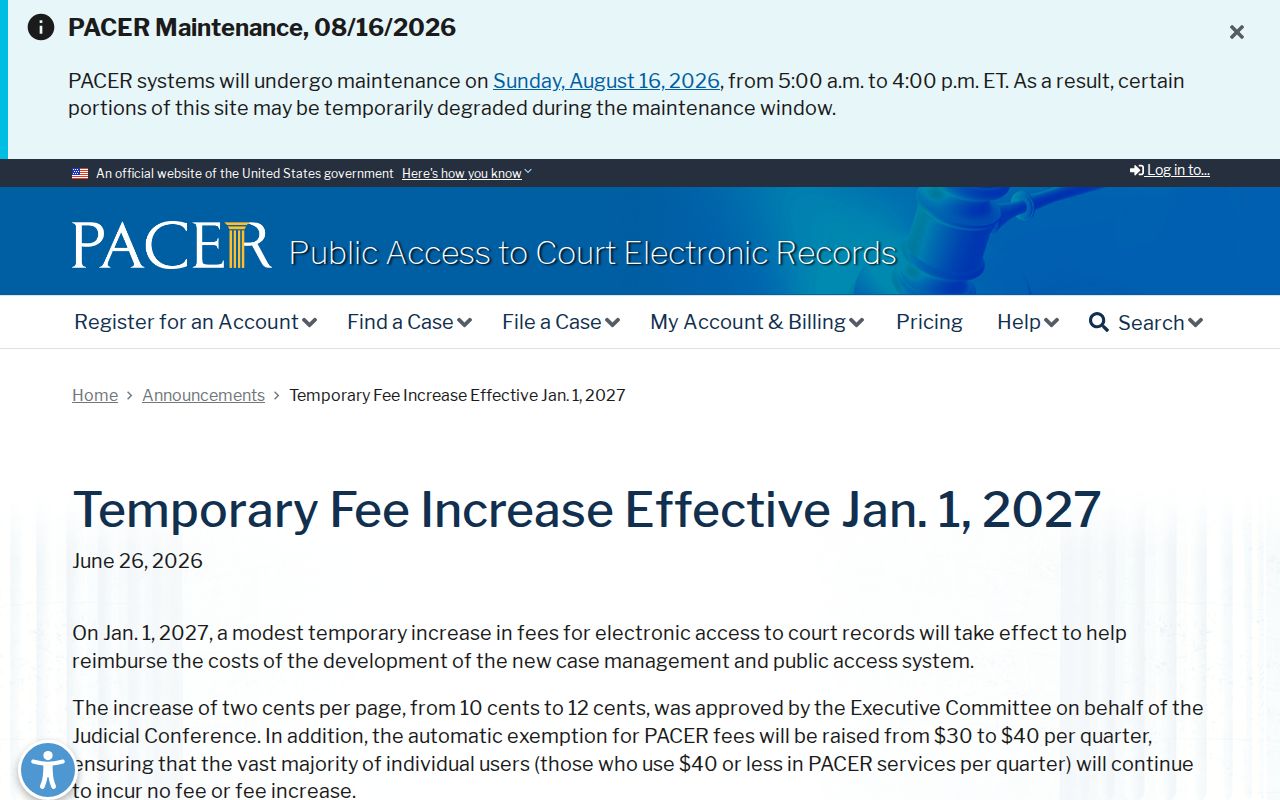 Del Norte court docket federal PACER fee announcement