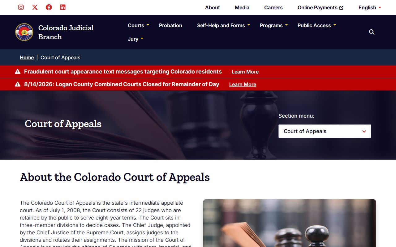 Colorado Court of Appeals source for Rio Grande County court calendar research