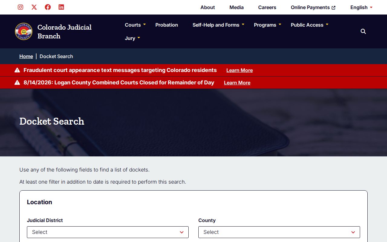 Rio Grande County criminal docket search filters on the Colorado Judicial Branch site